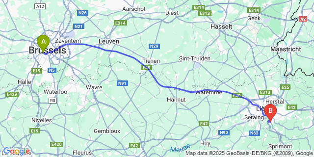 Map: Brussels Midi Train Station to Chaudfontaine