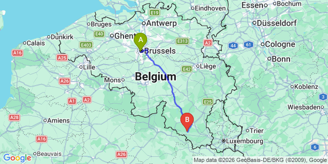 Map: Brussels Midi Train Station to Chiny