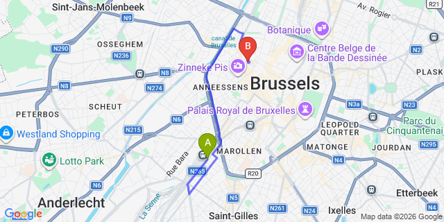 Map: Brussels Midi Train Station to Church of Saint Catherine, Brussels