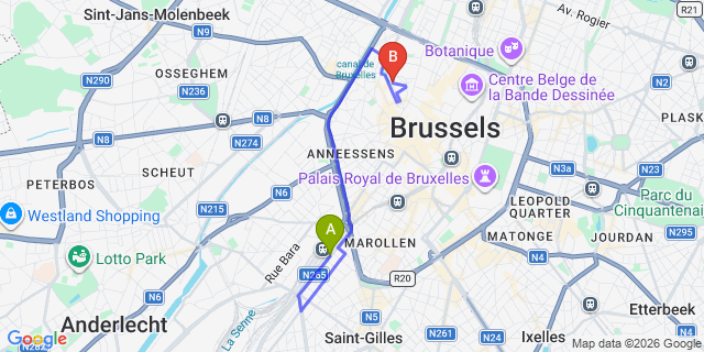 Map: Brussels Midi Train Station to Citadines Apart’hotel Sainte-Catherine Brussels