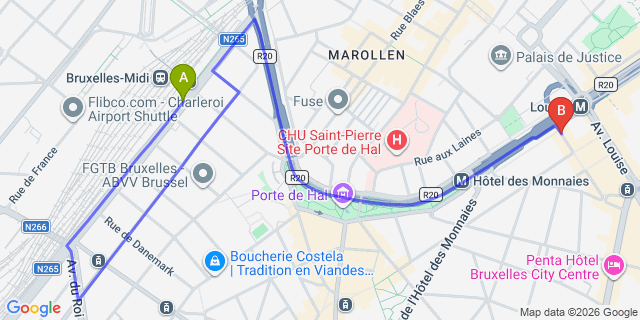 Map: Brussels Midi Train Station to Citadines Apart’hotel Toison d’Or Brussels