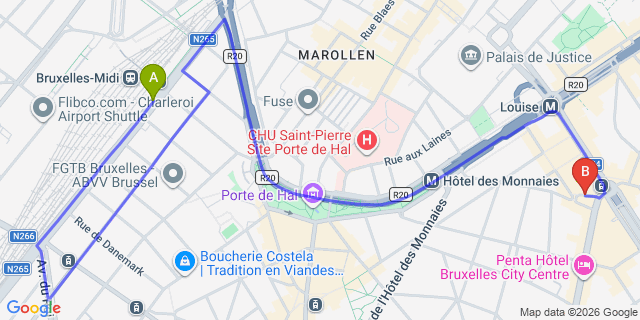 Map: Brussels Midi Train Station to Citybox Brussels