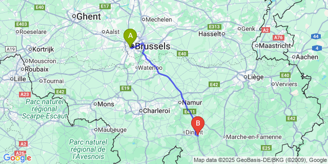 Map: Brussels Midi Train Station to Conjoux