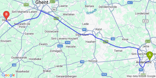 Map: Brussels Midi Train Station to Deinze