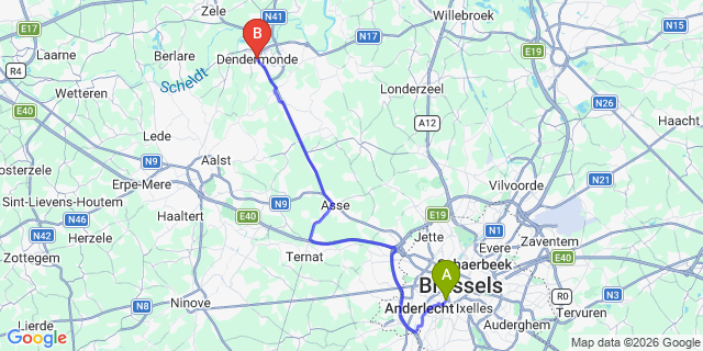 Map: Brussels Midi Train Station to Dendermonde