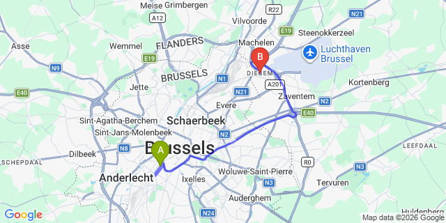 Map: Brussels Midi Train Station to Diegem