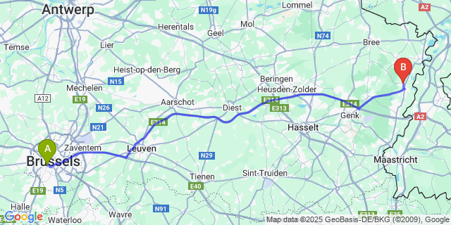 Map: Brussels Midi Train Station to Dilsen