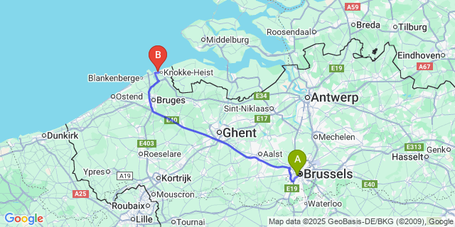 Map: Brussels Midi Train Station to Duinbergen