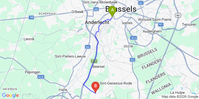 Map: Brussels Midi Train Station to Dworp