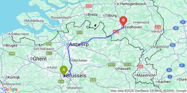 Map: Brussels Midi Train Station to Eindhoven
