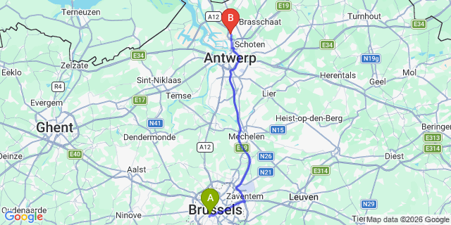 Map: Brussels Midi Train Station to Ekeren