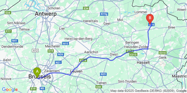 Map: Brussels Midi Train Station to Eksel