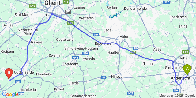 Map: Brussels Midi Train Station to Elsegem