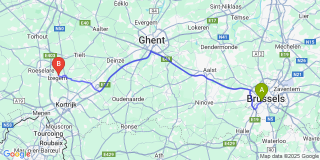 Map: Brussels Midi Train Station to Emelgem