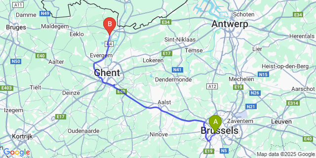 Map: Brussels Midi Train Station to Ertvelde