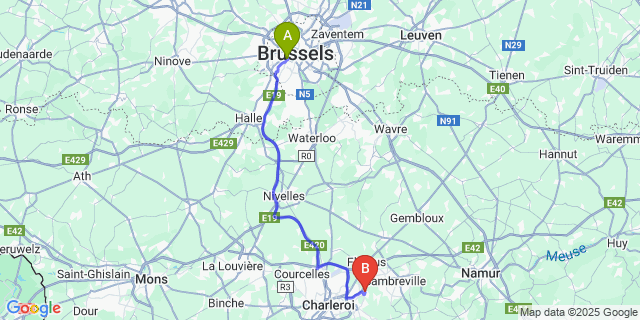 Map: Brussels Midi Train Station to Farciennes