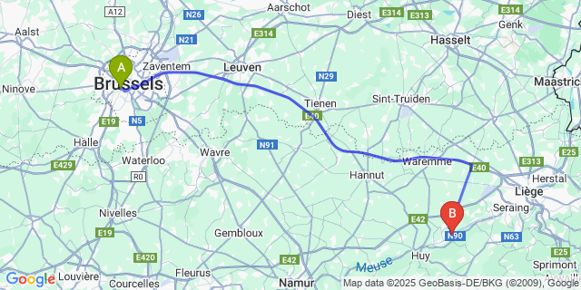Map: Brussels Midi Train Station to Flône