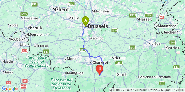 Map: Brussels Midi Train Station to Florennes