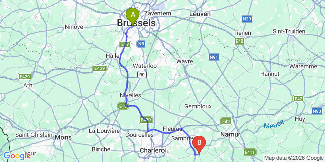 Map: Brussels Midi Train Station to Fosses-la-Ville
