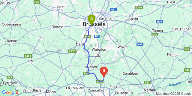 Map: Brussels Midi Train Station to Frasnes-Lez-Gosselies