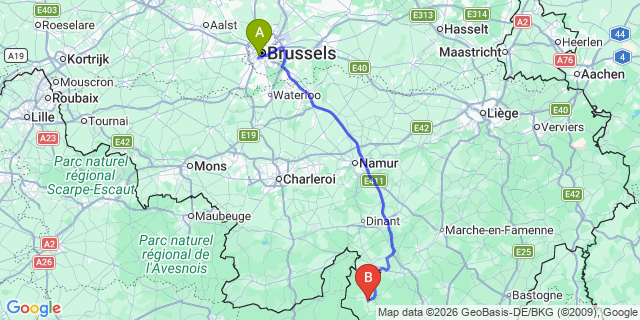 Map: Brussels Midi Train Station to Gedinne