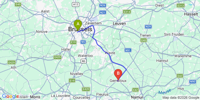 Map: Brussels Midi Train Station to Gembloux