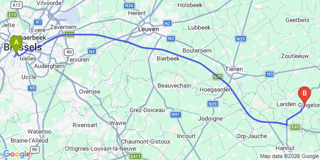 Map: Brussels Midi Train Station to Gingelom