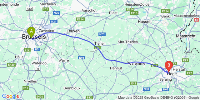 Map: Brussels Midi Train Station to Glain