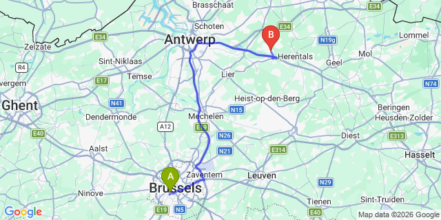 Map: Brussels Midi Train Station to Grobbendonk