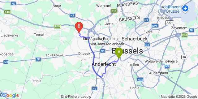 Map: Brussels Midi Train Station to Groot Bijgaarden