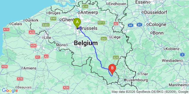 Map: Brussels Midi Train Station to Habay-la-neuve