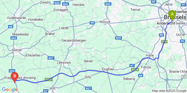 Map: Brussels Midi Train Station to Hacquegnies