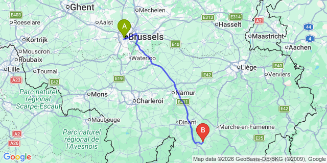Map: Brussels Midi Train Station to Han-sur-Lesse