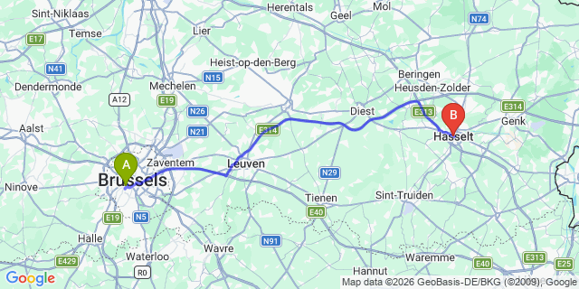 Map: Brussels Midi Train Station to Hasselt
