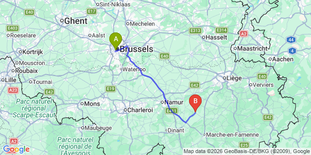 Map: Brussels Midi Train Station to Havelange