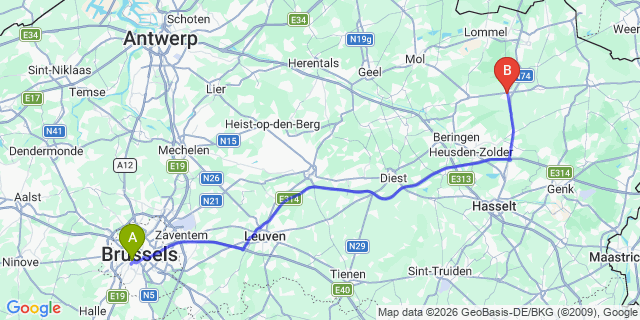 Map: Brussels Midi Train Station to Hechtel-Eksel