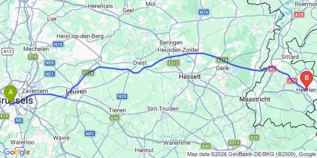 Map: Brussels Midi Train Station to Heerlen