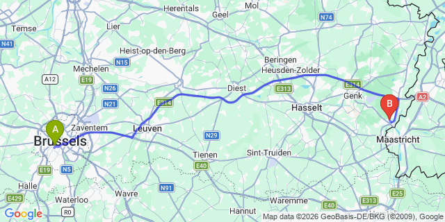 Map: Brussels Midi Train Station to Helmond