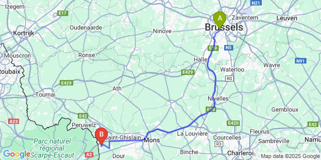 Map: Brussels Midi Train Station to Hensies