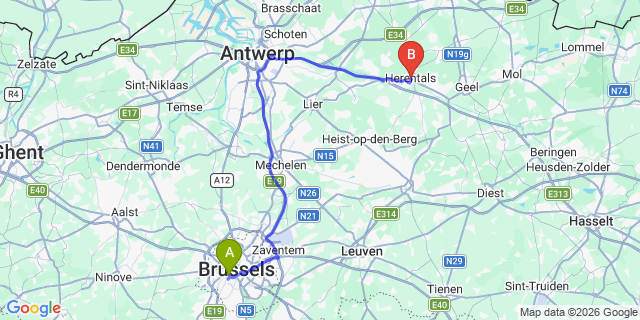 Map: Brussels Midi Train Station to Herentals