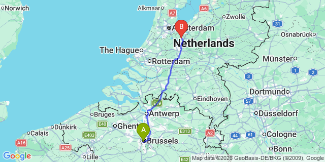Map: Brussels Midi Train Station to Hilversum