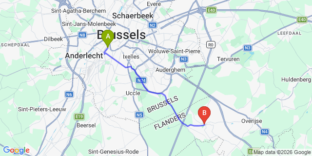 Map: Brussels Midi Train Station to Hoeilaart