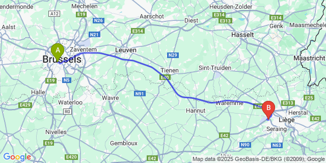 Map: Brussels Midi Train Station to Hollogne-Aux-Pierres