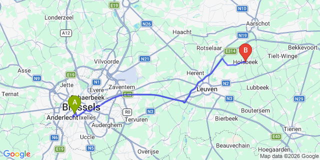 Map: Brussels Midi Train Station to Holsbeek