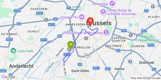 Map: Brussels Midi Train Station to Hotel Amigo, Brussels