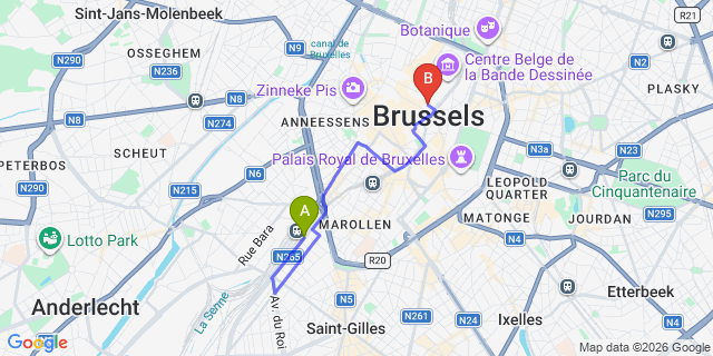 Map: Brussels Midi Train Station to Hotel Hubert - Grand Place, Brussels