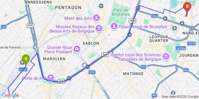 Map: Brussels Midi Train Station to Hotel NH Brussels EU Berlaymont