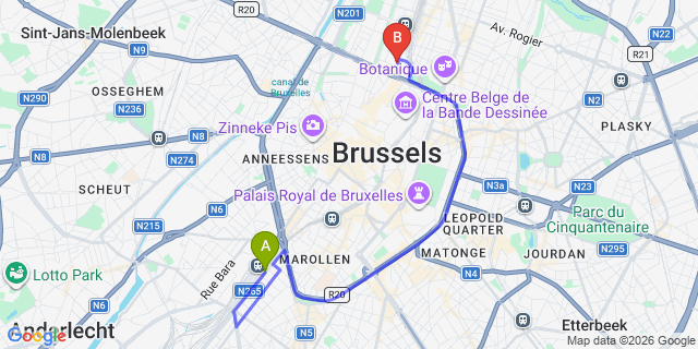 Map: Brussels Midi Train Station to Hotel Progress, Brussels