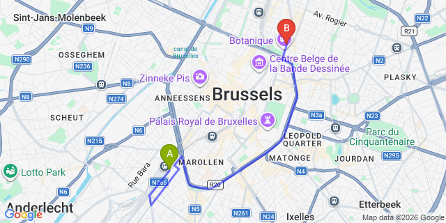 Map: Brussels Midi Train Station to Hotel Villa Royale, Brussels