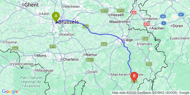 Map: Brussels Midi Train Station to Houffalize